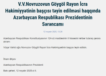 Vüqar Vahid oğlu Novruzovun Göygöl Rayon İcra Hakimiyyətinin başçısı təyin edilməsi haqqında Azərbaycan Respublikası Prezidentinin Sərəncamı